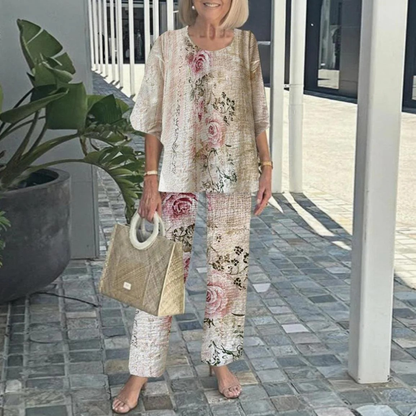 Women's Round Neck Mid-Sleeve Top With Floral Print Pants Set Two-Piece