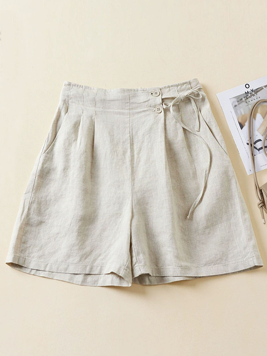 Women's Semi-elastic High Waist Solid Color Casual Cotton and Linen Wide Leg Shorts