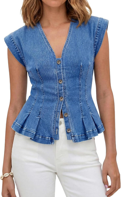 Womens V Neck Denim Vests Tops Trendy Summer Casual Button Down Fitted Pleated Sleeveless Jean Tops