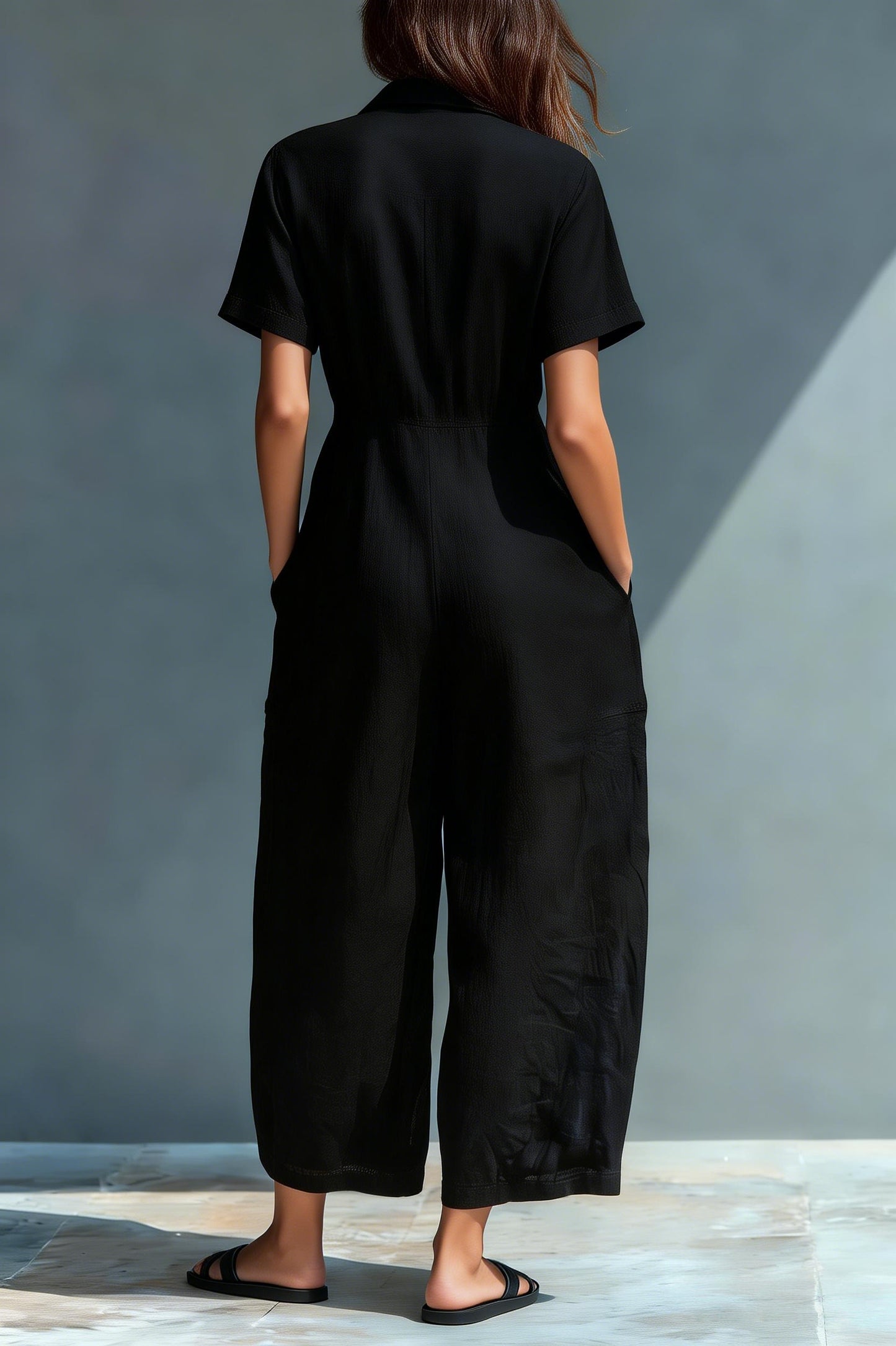 Women'S Minimalist Linen Blend Button-Down Collar Short-Sleeved Loose-Fitting Jumpsuit