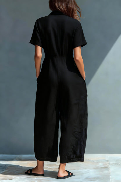 Women'S Minimalist Linen Blend Button-Down Collar Short-Sleeved Loose-Fitting Jumpsuit