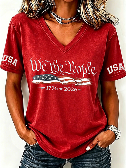 Women'S Retro Independence Day Printed Casual Short Sleeved T-Shirt