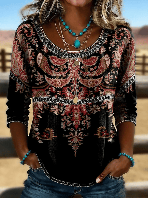 Women's Casual Retro Floral Print Cotton-Linen Cutout Top
