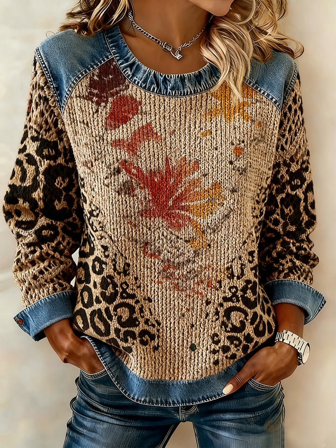 Women's Winter Leopard Print Floral Print Denim Flat Neck Top