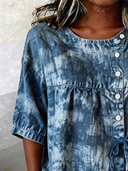 Women's Casual Denim Jacquard Short-Sleeve Top
