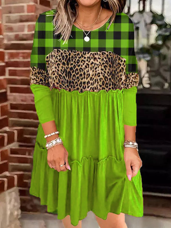 Ladies Leopard Plaid Long Sleeve Dress