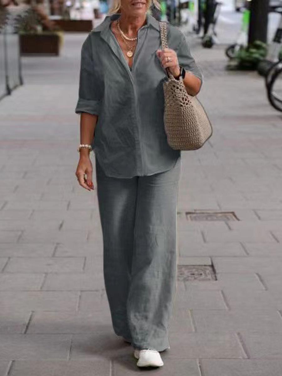 Women's Solid Color Casual Loose Long Sleeve Shirt Wide Leg Pants Two-piece Suit