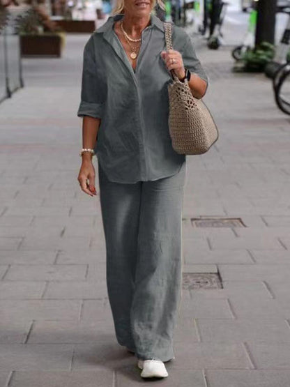 Women's Solid Color Casual Loose Long Sleeve Shirt Wide Leg Pants Two-piece Suit