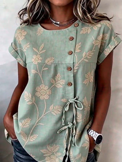 Women'S Casual Printed Tie-Waist Button-Up Top