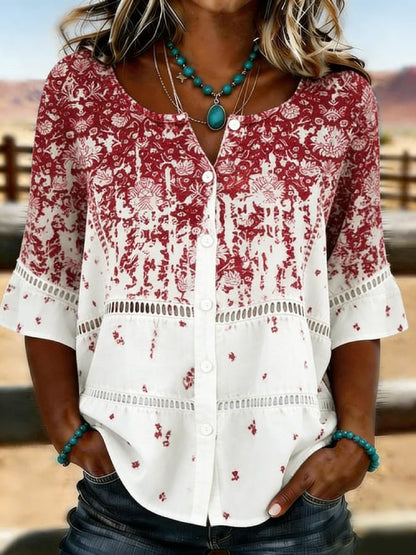 Women's Casual Western Floral Print Cotton Linen Hollow-Out Top