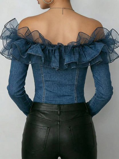 Fashionable Patchwork Organza Ruffled Denim Top