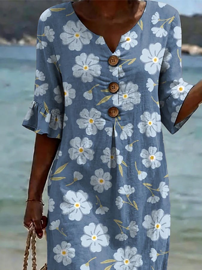 Women's Casual V-Neck Printed Cotton-Linen Dress