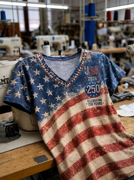 Women's Vintage Flag & Floral Color Block Print V Neck T-Shirt