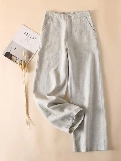Women's Solid Color Half Elastic Waist Casual Cotton and Linen Wide Leg Pants