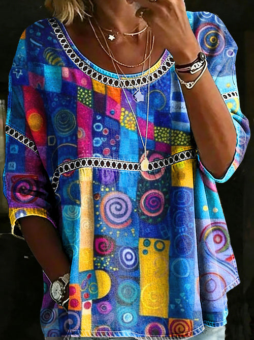 Women's Multicolor Abstrct Casual Loose Denim Blouse Shirt