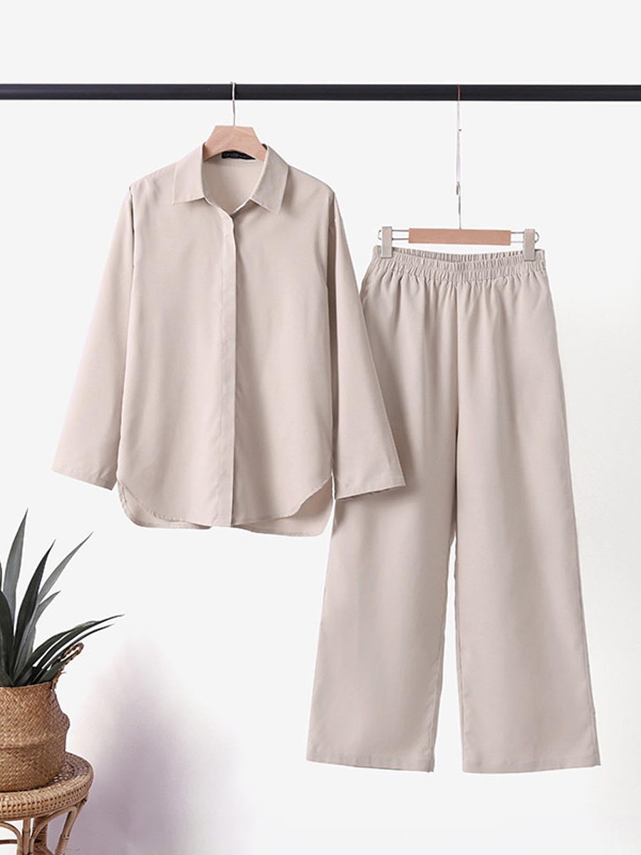 Women's Solid Color Casual Loose Long Sleeve Shirt Wide Leg Pants Two-piece Suit