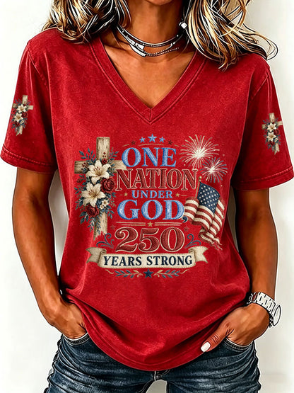 Women'S America Flag Print Casual V-Neck T-Shirt