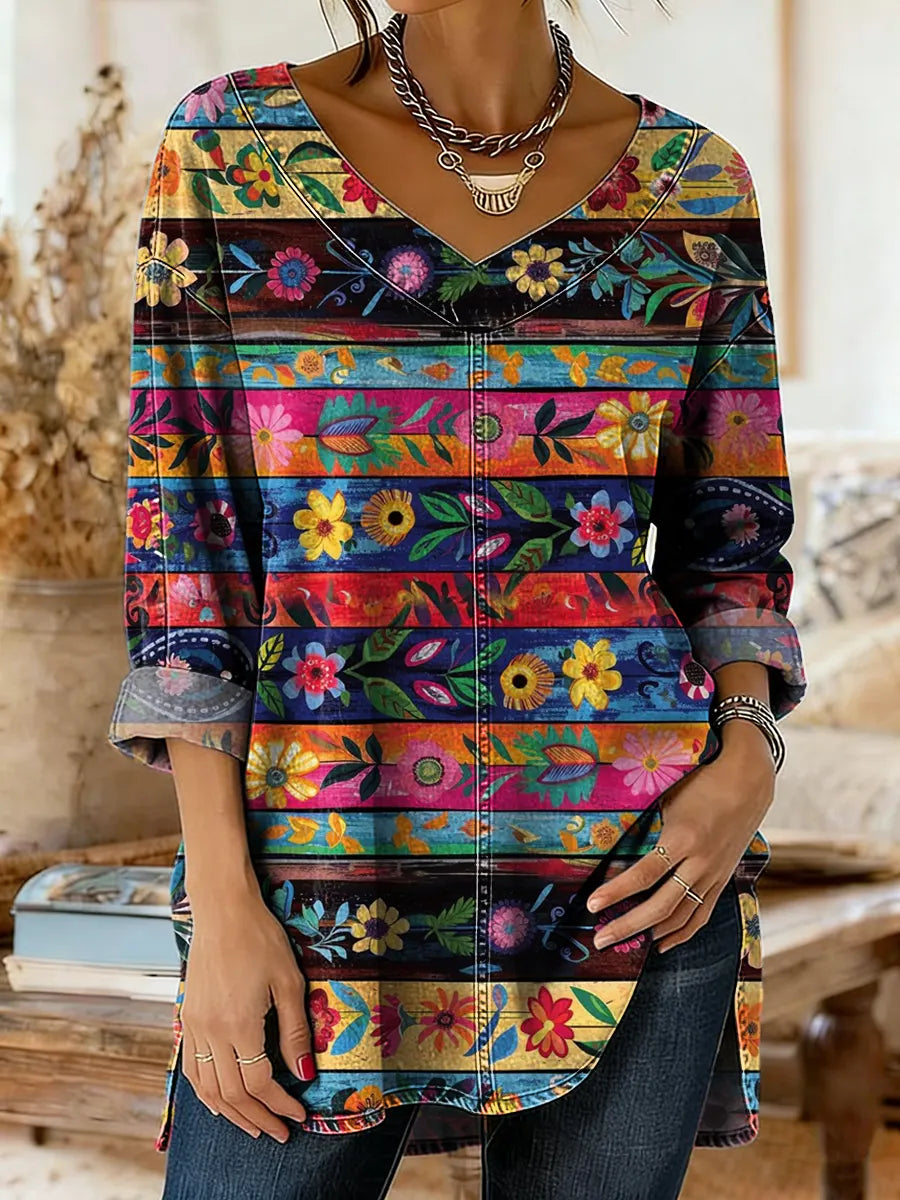 Women's Denim-colored Patchwork Pattern Art Print Casual Washed Denim Cotton Shirt