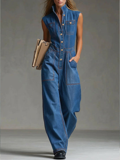 Women's Casual Sleeveless Cotton Denim Jumpsuit