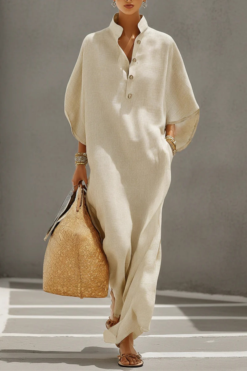 Women's Oatmeal Linen Dress With Mandarin Collar & Dolman Sleeves, Timeless Resort-Casual Style Dress