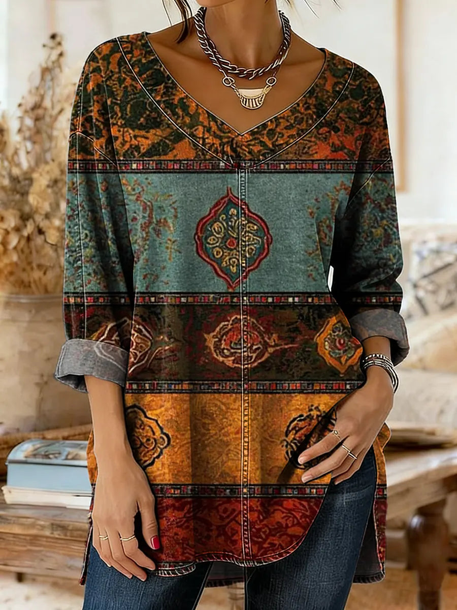 Women's Bohemian Striped Patterned Art Print Casual Washed Denim Cotton Top