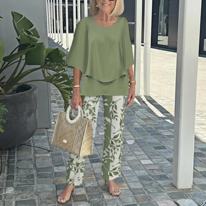 Women's Round Neck Mid-Sleeve Top With Floral Print Pants Set Two-Piece