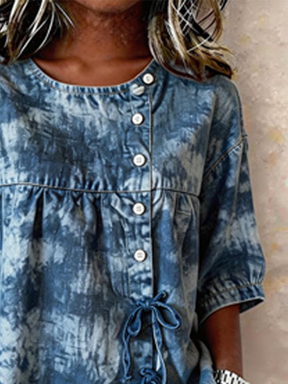 Women's Casual Denim Jacquard Short-Sleeve Top