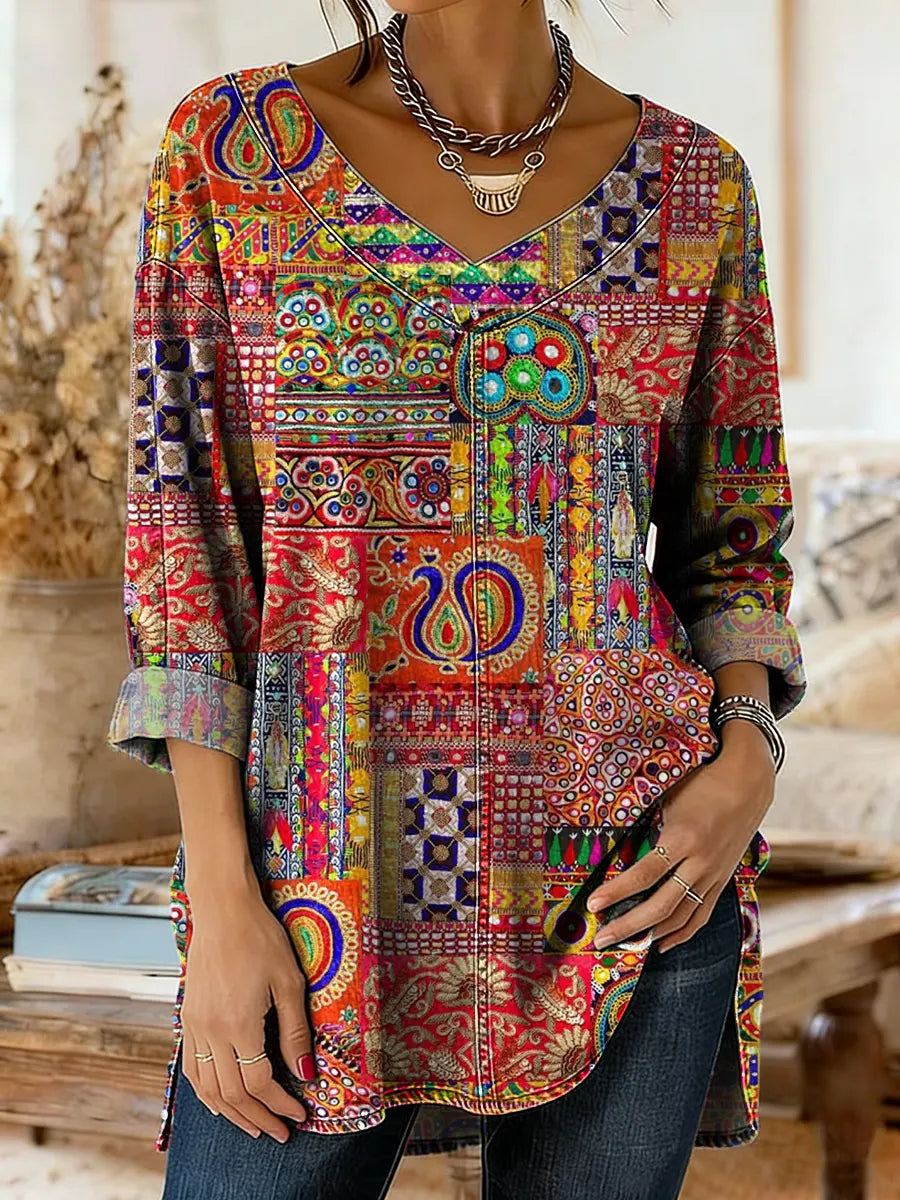Women's Bohemian Pattern Art Print Casual Washed Denim Cotton Top