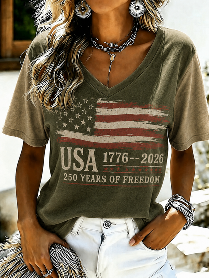 Women'S Retro Independence Day Printed Casual Short Sleeved T-Shirt
