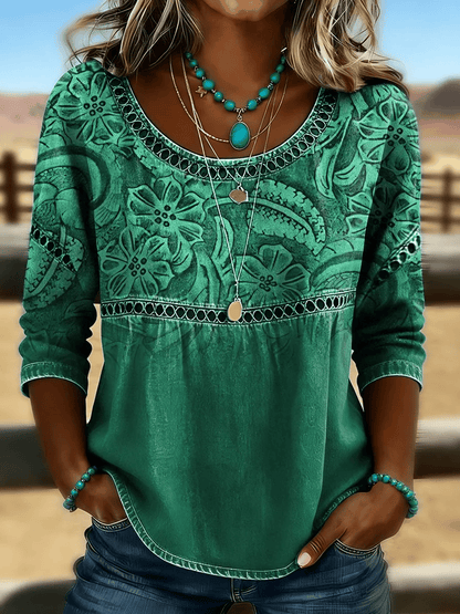 Women's Casual Western Floral Print Cotton Linen Hollow-Out Top