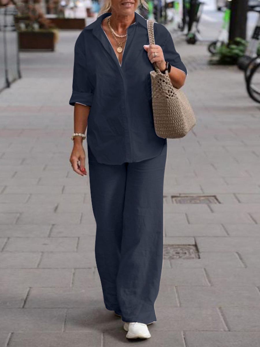 Women's Solid Color Casual Loose Long Sleeve Shirt Wide Leg Pants Two-piece Suit