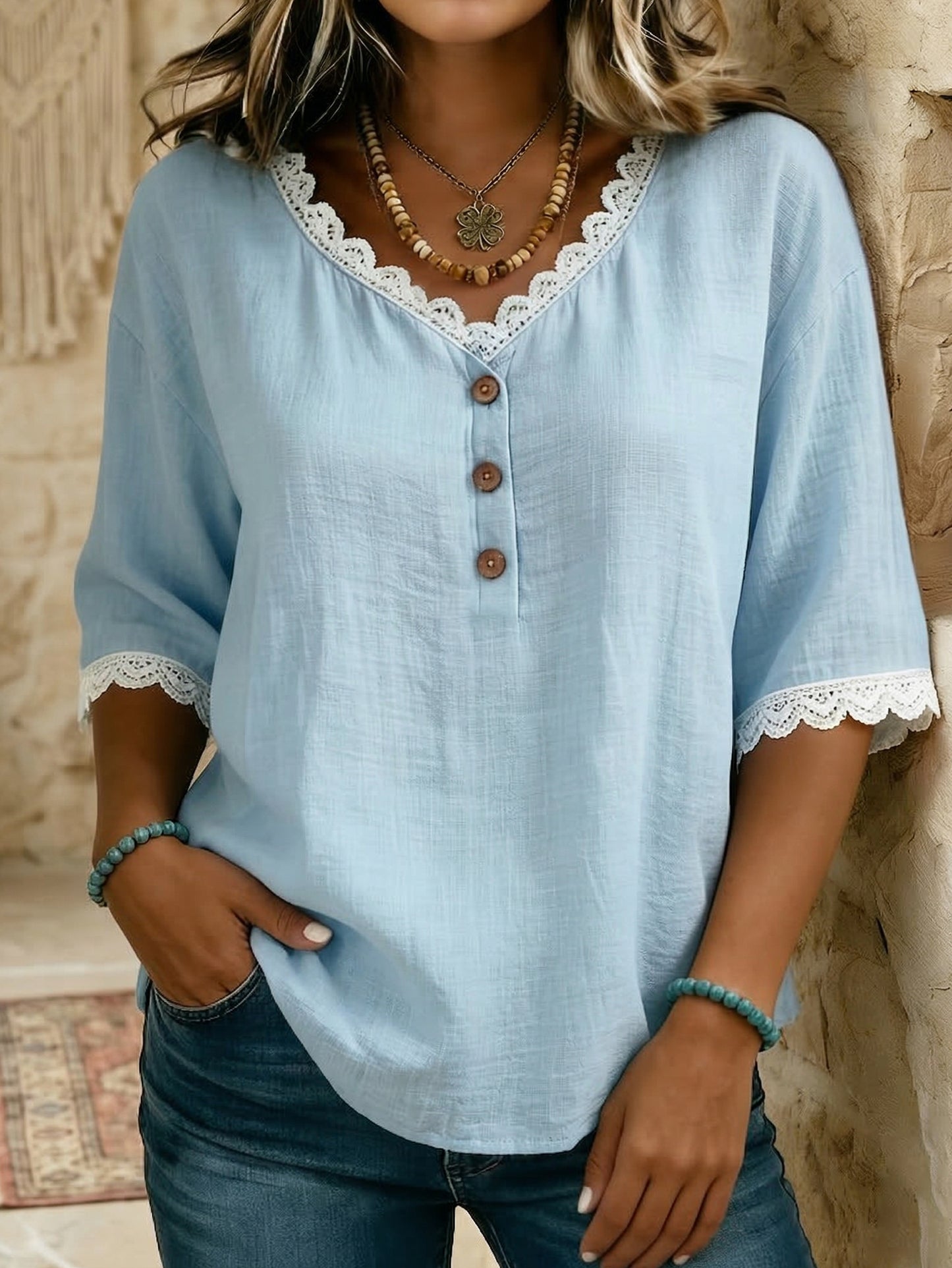 Casual & Cozy Lace-paneled Cotton-linen Shirt