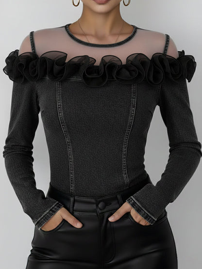 Fashionable Patchwork Mesh Organza Ruffled Denim Top