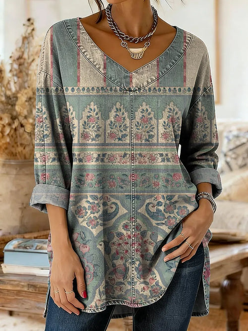 Women's Vintage Floral Print Artistic Washed Denim Cotton Shirt