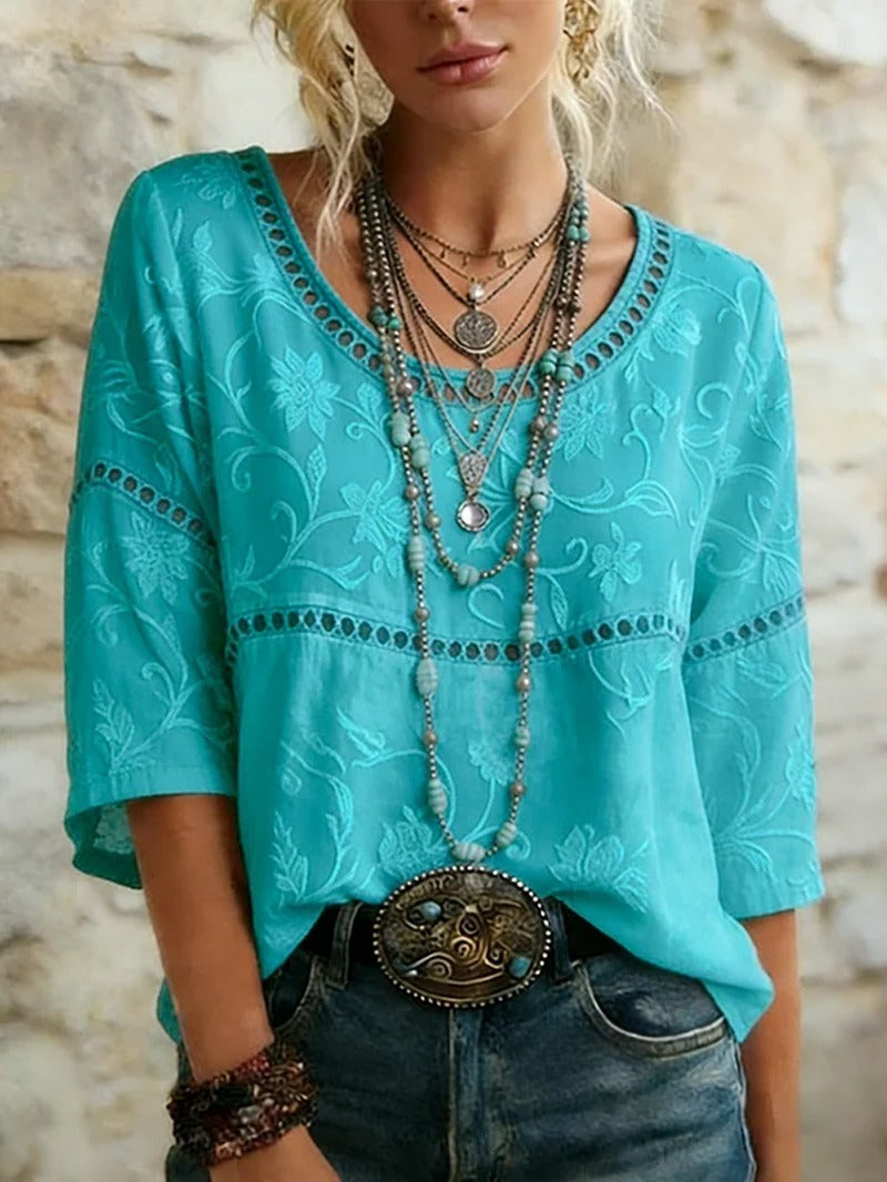Flower Embroidered Hollow Out Cotton Top