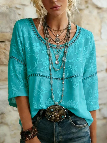 Flower Embroidered Hollow Out Cotton Top