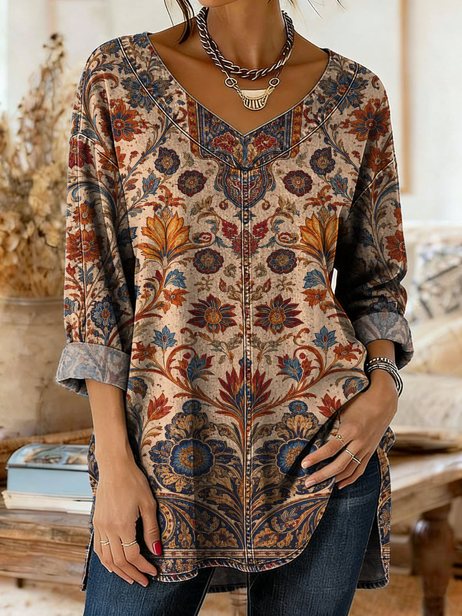 Women's Retro Bohemian Ethnic Art Print Casual V-neck Washed Cotton Denim Top