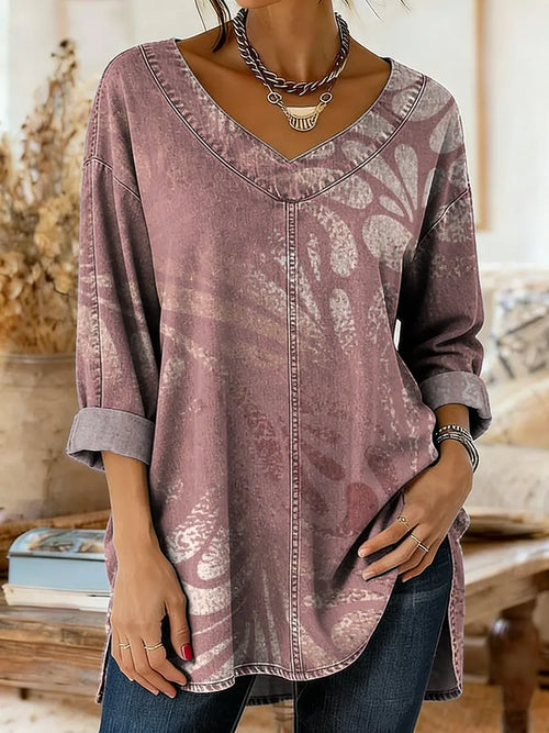Women's Gradient Floral Art Print Casual Washed Denim Cotton Shirt