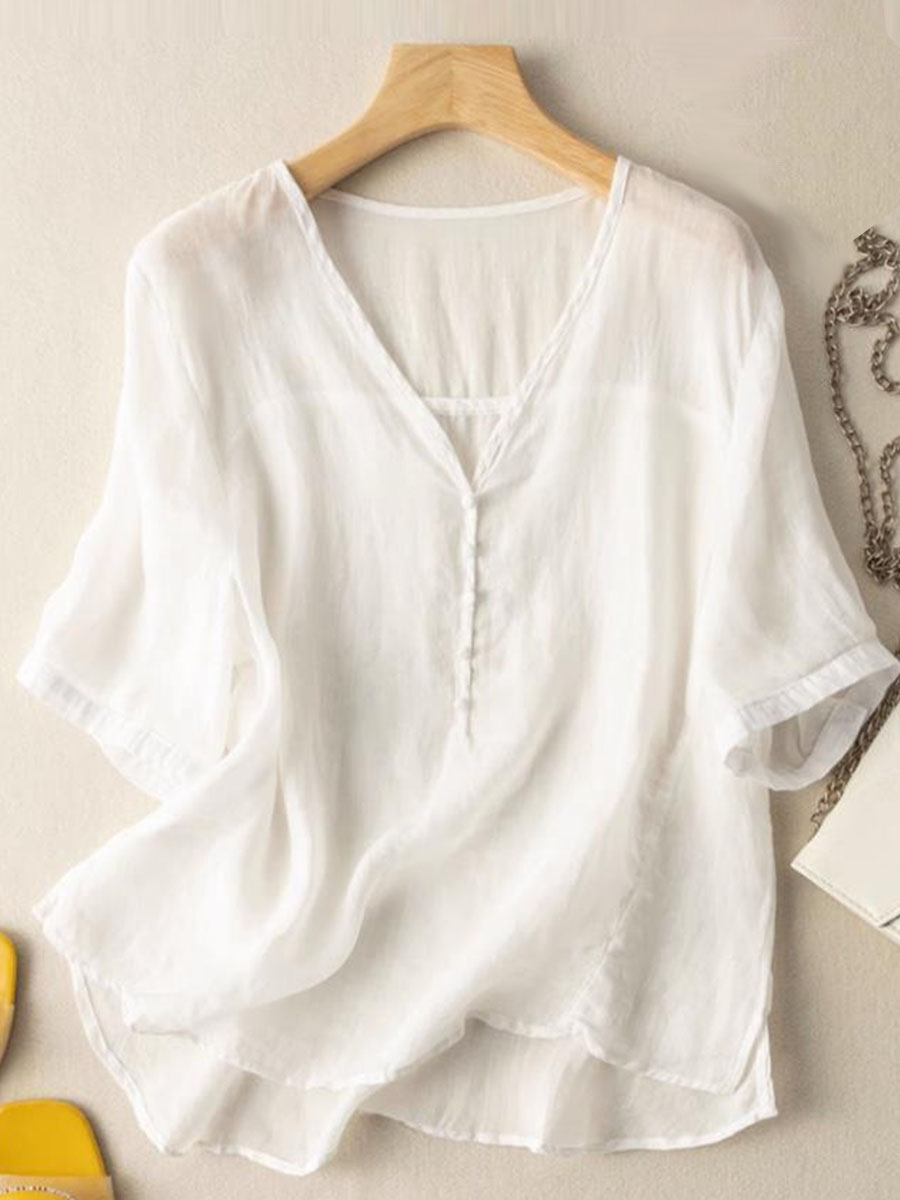 Women's Solid Color V-Neck Short Sleeve Loose Casual Linen Top