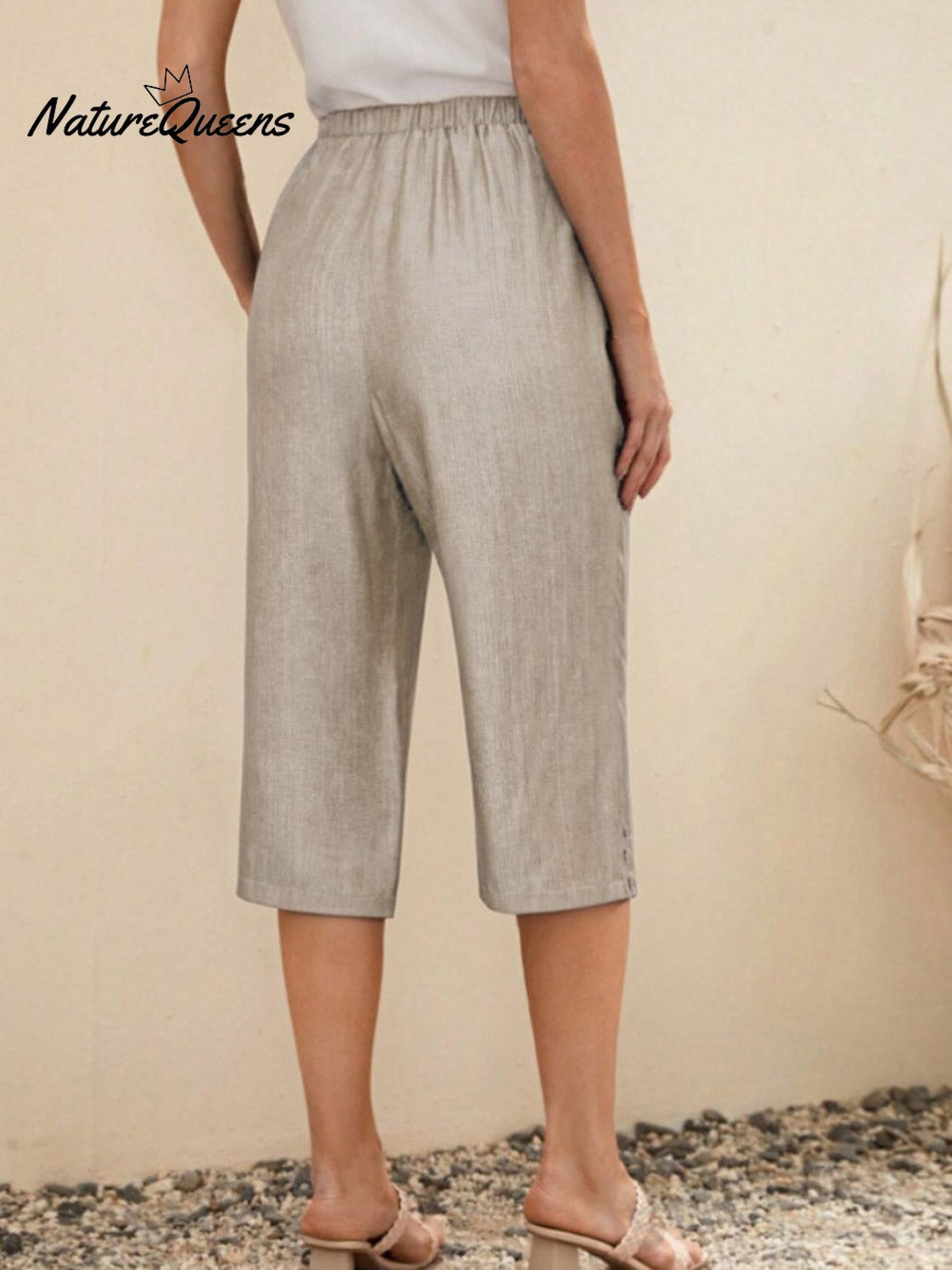 Women's  Solid Color Elastic Waist Lace-up Cropped Casual Pocket Cotton and Linen Wide-leg Pants