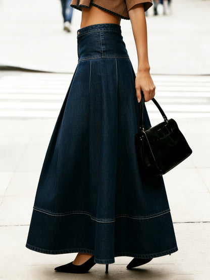 Stylish Wide-pleated 100% Cotton Denim Skirt