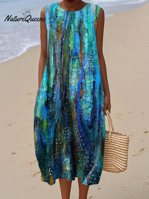 Women's  Ocean Vintage  Art Print Sleeveless Cotton Pocket Wrap Dress