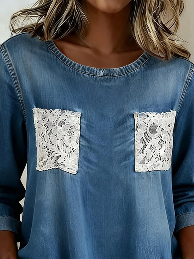 Women's Casual Round Neck Lace Patch Denim Shirt