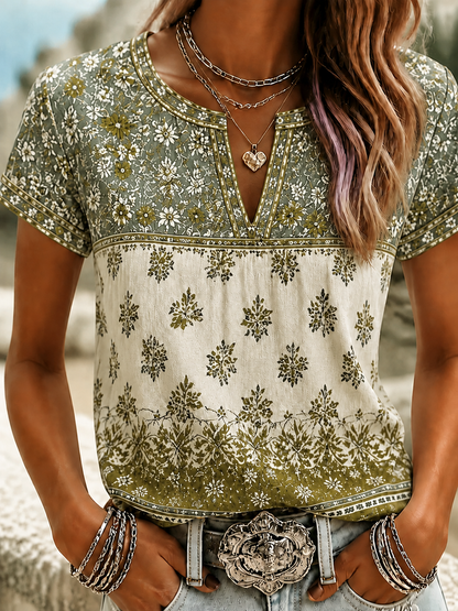 Women'S Casual Cotton Linen American Independence Day Floral Art Printed Short Sleeved T-Shirt