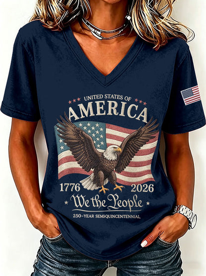 Women'S America Flag Print Casual V-Neck T-Shirt