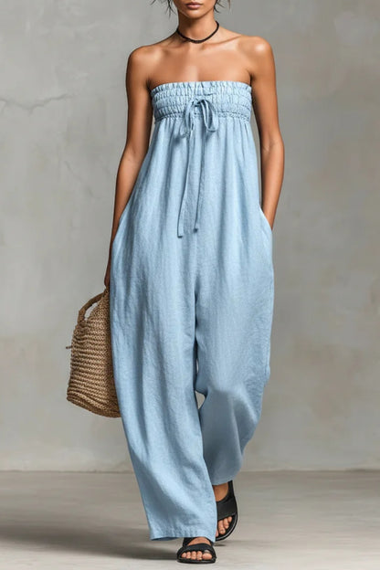 Women's Minimalist Loose-fitting Linen Blend Strapless Jumpsuit With Tie Closure