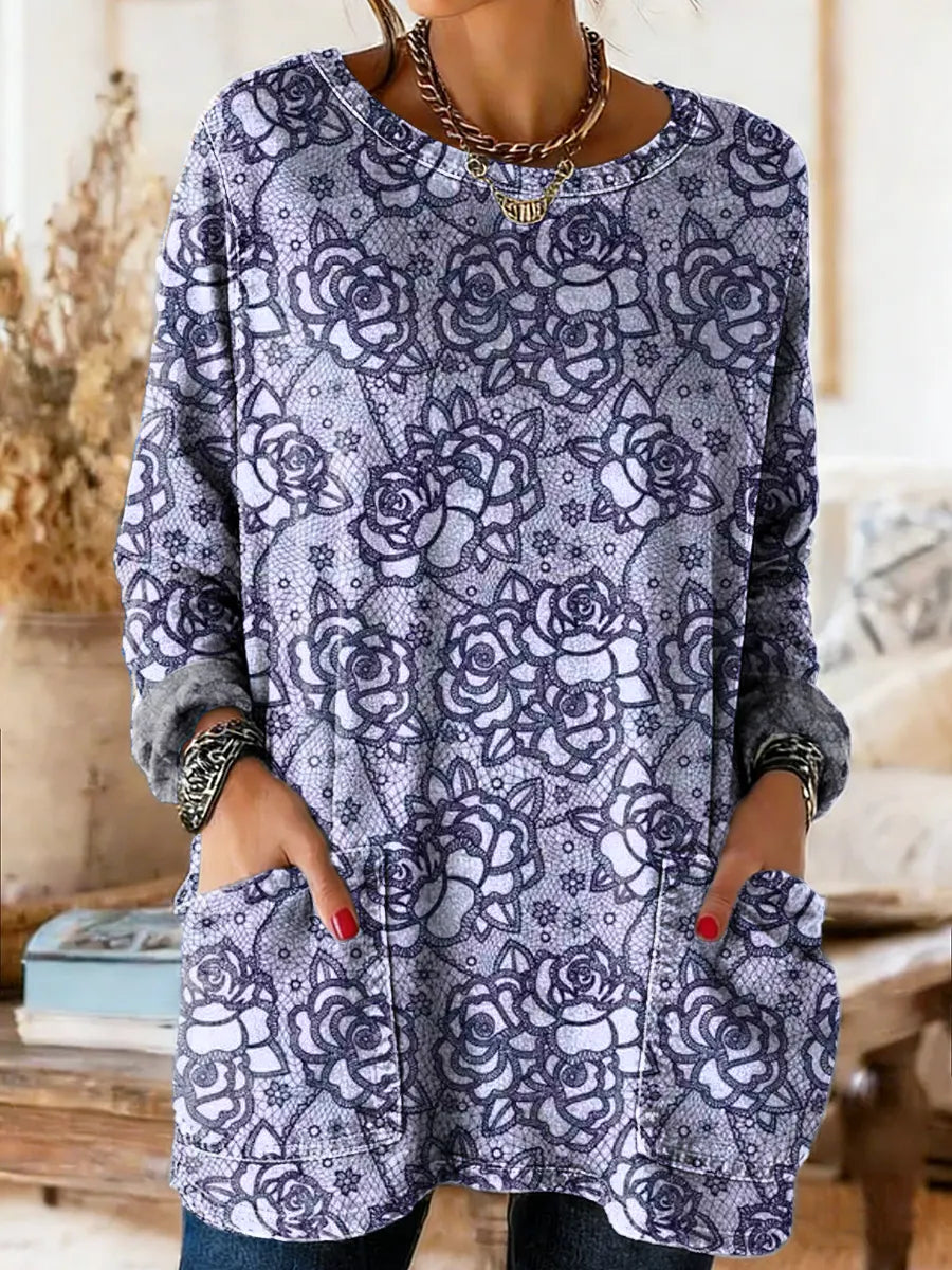 Women's Vintage Purple Rose Art Print Casual Round Neck Pocket Denim Shirt
