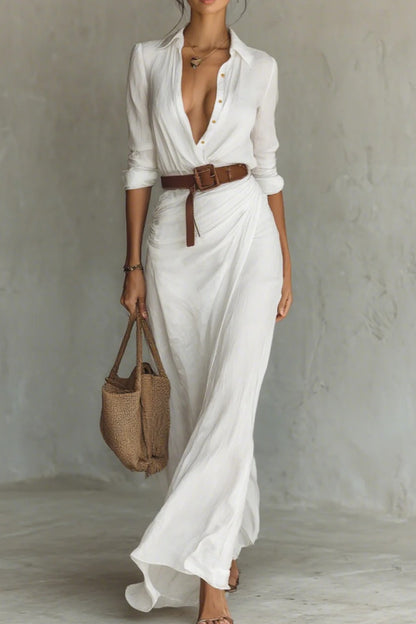 Ladies Lapel Single Breasted Long Sleeve Belted Maxi Dress