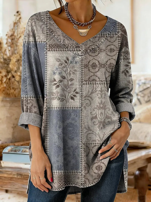 Women's Vintage Patchwork Art Print Casual Washed Denim Cotton Top