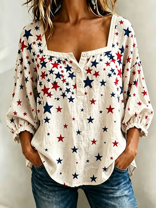 Ladies' Star Print Casual Cotton And Linen Top